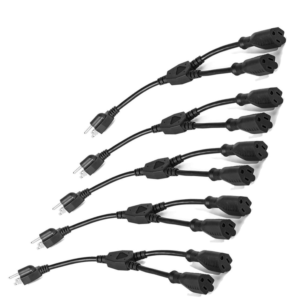 ClearMax 3 Prong Y Splitter Cable Power Extension Cord - Cable Strip Outlet Saver - Power Cord Splitter - 16AWG - UL Approved - 1 Foot (5 Pack | Black)