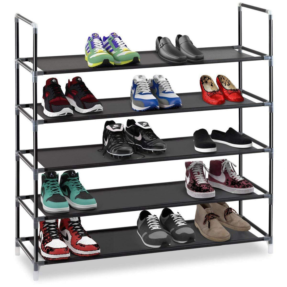 Halter 5 Tier Stackable Shoe Rack Storage Shelves - Stainless Steel Frame Holds 25 Pairs of Shoes - 35.75" x 11.125" x 34.25" - Black