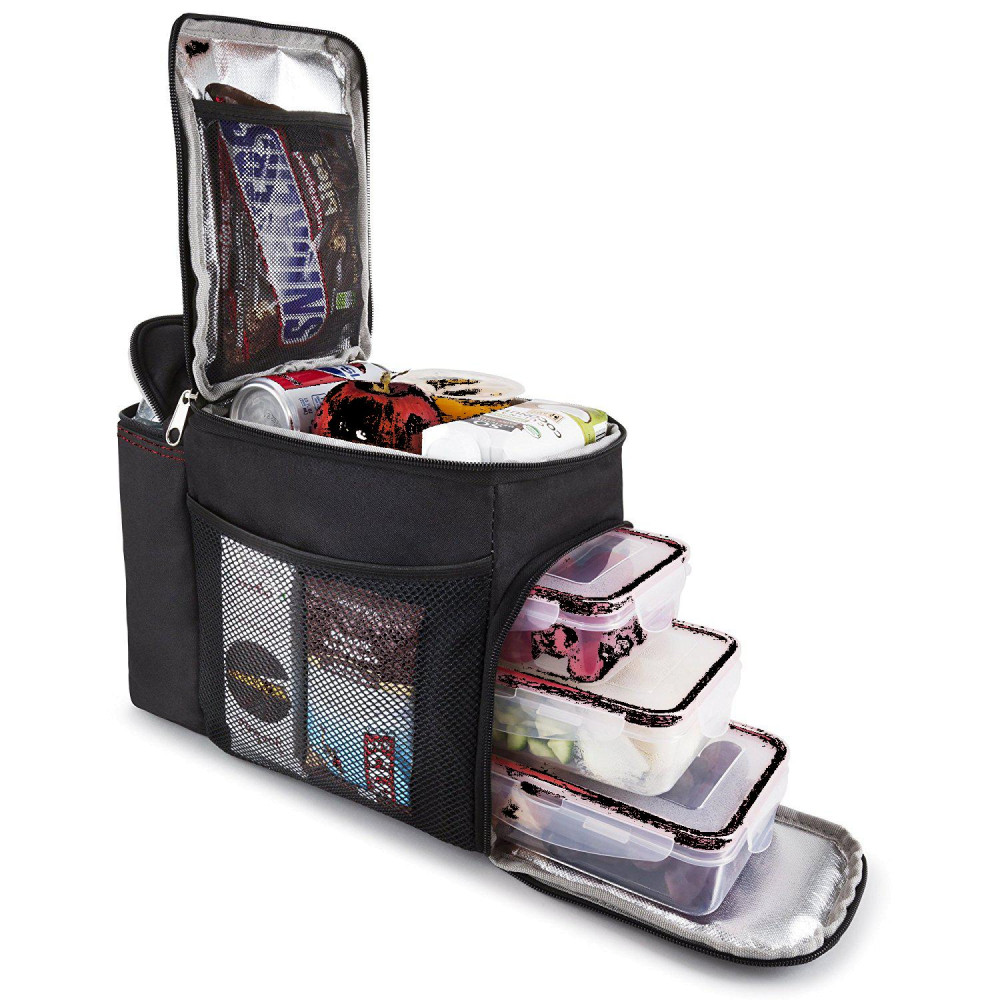 HemingWeigh Insulated Lunch Bag – Durable Lunch Box with Drink Cooler Compartment. Detachable Shoulder Strap + 3 Plastic Food Storage Containers + Ice Pack Included. (Black)