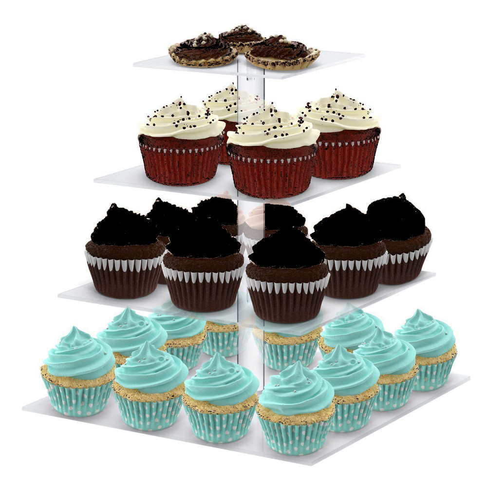 Utenlid Acrylic 4-Tier Square Stacked Party Cupcake Stand with Stable Screw-On Pillars - Tiered Cupcake Stand / Cupcake Tower